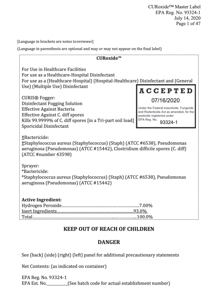 EPA Registered Number Certification Page 1